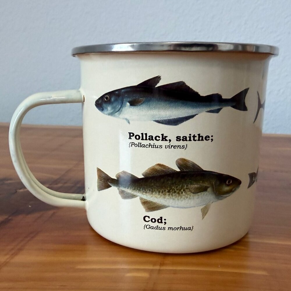 2012 Fish Mug Scandinavian Fishing Year Book Enamel Metal Mug 16oz.